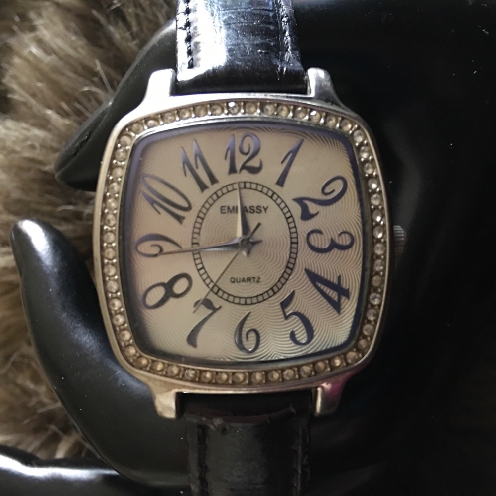 Ladies Embassy black leather rhinestone watch